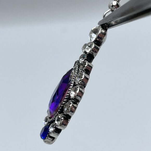Stunning Silver Tone AB Purple Glass Rhinestone Teardrop Earrings Statement Boho - Picture 6 of 7